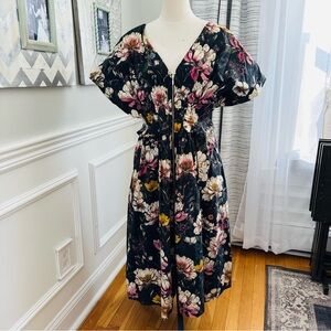 NWT Anthropologie Black and Pink V-Neck Smocked Floral Midi Dress w Zip Front
